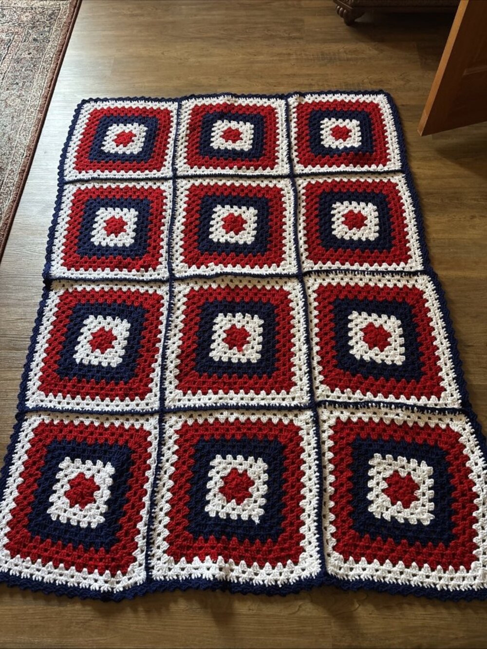 Red White & Blue Granny Squares Afghan Homemade Size 66 X 48